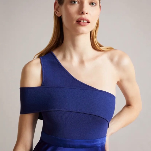 Ted Baker Dress Dark Blue Ivena Asymmetric Knit Bodice w/ Satin Skirt Sz 12 NWT - Picture 2 of 16